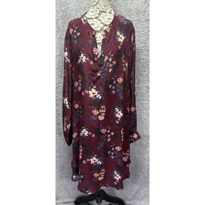 TOLANI 2X Silk Burgundy Floral Shift Dress V Neck Split‎ Boho High Low Roll Tab